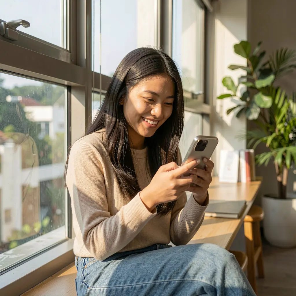 Filipino woman sitting by a sunny window smiling at her phone while using the YYYPH casino app in a relaxed modern setting